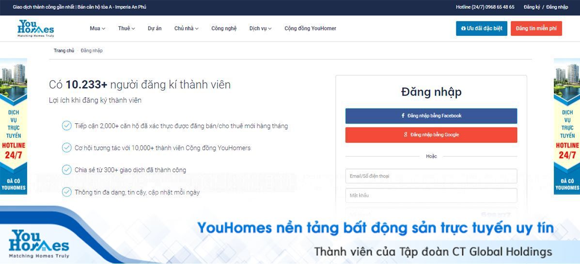 Thành viên đăng nhập vào hệ thống YouHomes.vn