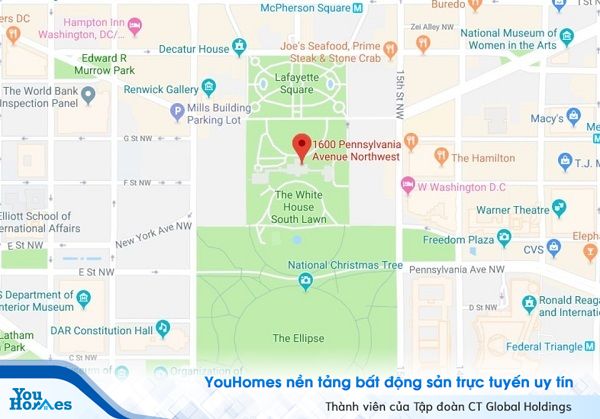 Nhà Trắng nằm trên khu đất rộng gần 73.000m2 ở trung tâm Thủ đô Washington