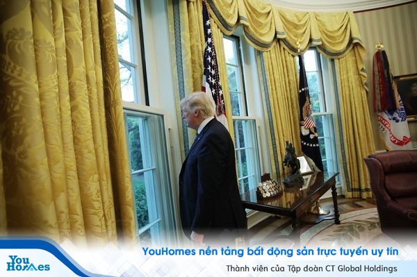 Tổng thống Donald Trump nhìn ra cửa sổ Phòng Bầu dục sau cuộc phỏng vấn với hãng tin Reuters tại Nhà Trắng, ông so sánh cuộc sống trong Nhà Trắng giống như trong một cái kén nhỏ bé