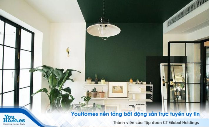 Không gian gọn gàng và giản dị, đẹp hơn nhờ đèn gắn tường, bởi những chậu hoa xinh xắn.