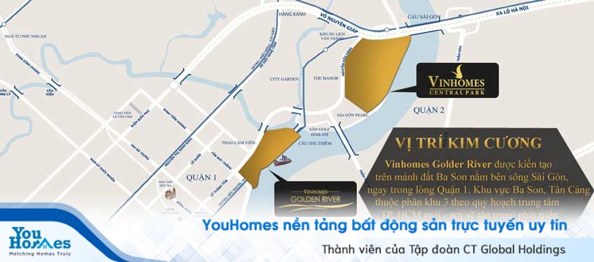 Vinhomes Golden River nằm giữa cầu Thủ Thiêm 1 và cầu Thủ Thiêm 2 sắp xây dựng
