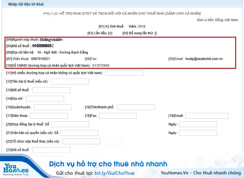 Kê khai thuế cho thuê nhà qua mạng - Bước 3