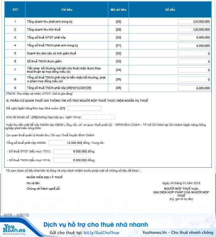 Kê khai thuế cho thuê nhà qua mạng - Bước 7