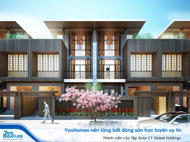 Biệt thự song lập kiểu Nhật với cây anh đào bên ngoài. 