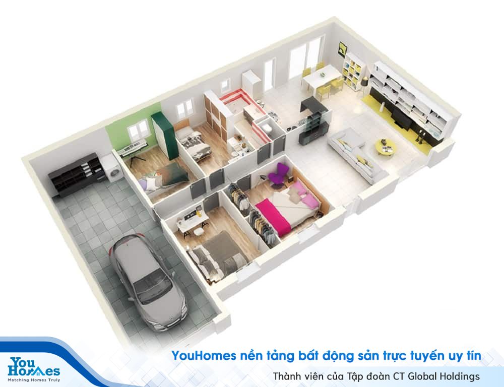 Ngôi nhà ống 1 tầng có thiết kế siêu hợp lý cùng 4 phòng ngủ và gara ô tô cực kỳ tiện lợi.