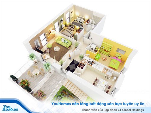 Nhà ống 1 tầng 3 phòng ngủ mang màu sắc tươi mới. 