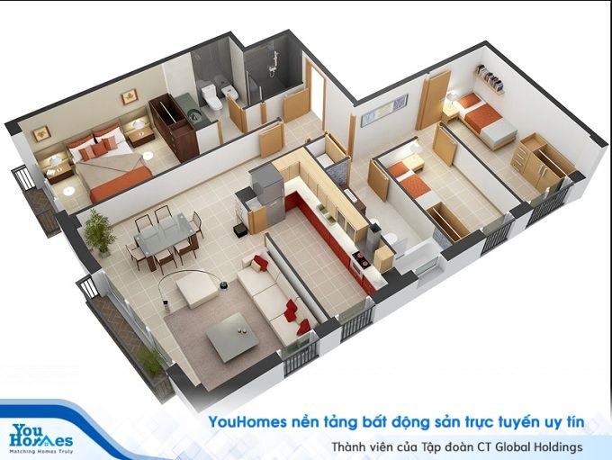 Nhà ống 1 tầng 3 phòng ngủ khắc phục được điểm yếu khuyết góc nhà thiết kế hợp lý.