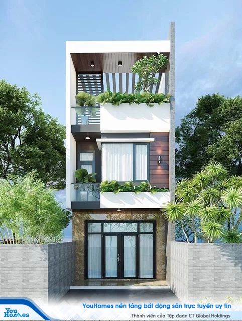 Thiết kế nhà nhỏ 40m2 tận dụng cây xanh trang trí bên ngoài cực kỳ hợp lý. 