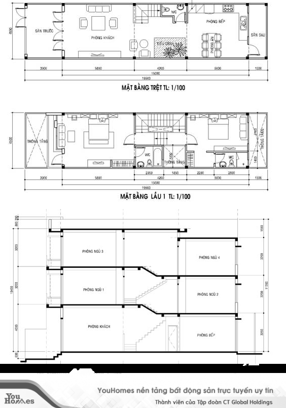 Bản vẽ thiết kế nhà lệch tầng 4 phòng ngủ đẹp. 