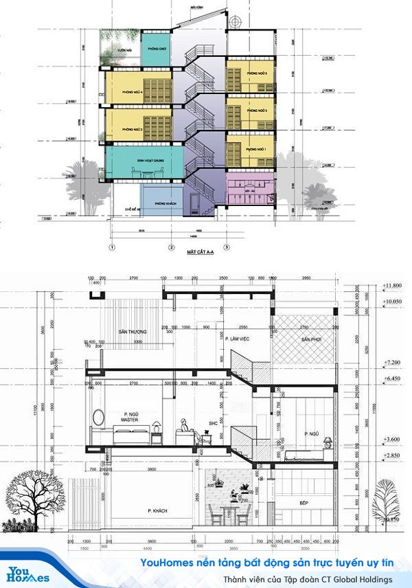 Bản vẽ thiết kế nhà lệch tầng đẹp với 5 tầng.
