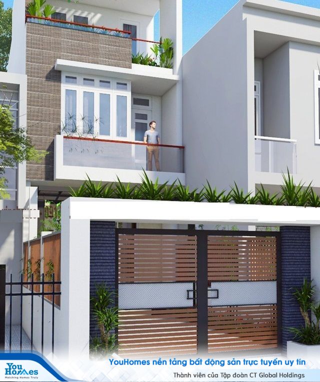 Thay vì sử dụng diện tích cho gara ô tô, bạn có thể sử dụng một phần diện tích nhà lệch tầng làm sân trước để trồng cây hay làm nơi đỗ xe máy.