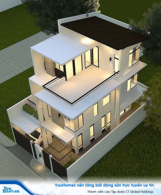 Hiện đại và tinh tế vởi 2 gam màu đen trắng cho phần mặt tiền nhà lệch tầng. 