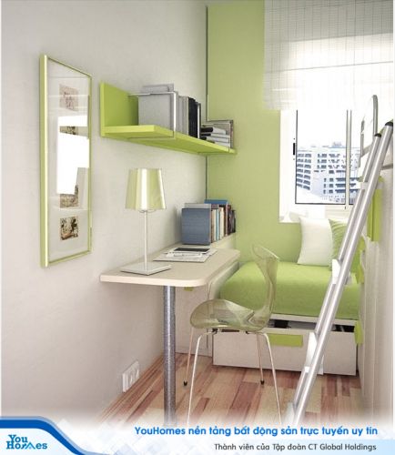 Tận dụng tối ưu hóa không gian giúp phòng ngủ nhỏ hẹ 10m2 vẫn có đủ diện tích cho nơi làm việc, đọc sách.