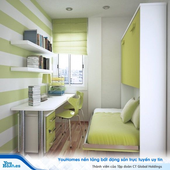 Chỉ trong 10m2, phòng ngủ tích hợp phòng làm việc với giường có thể đóng mở tùy ý. 
