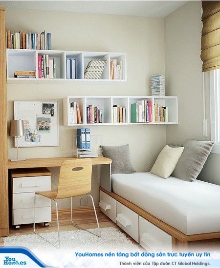 Nhưng chiếc ngăn kéo xinh xắn được tích hợp với giường tạo nên không gian lý tưởng cho phòng ngủ nhỏ hẹp. 