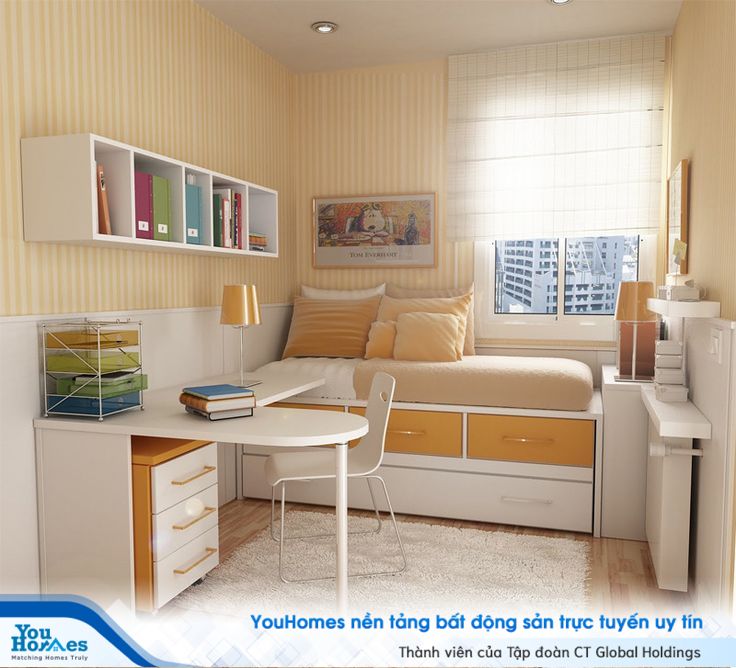 Phòng ngủ hẹp 10m2 với gam màu ấm áp.