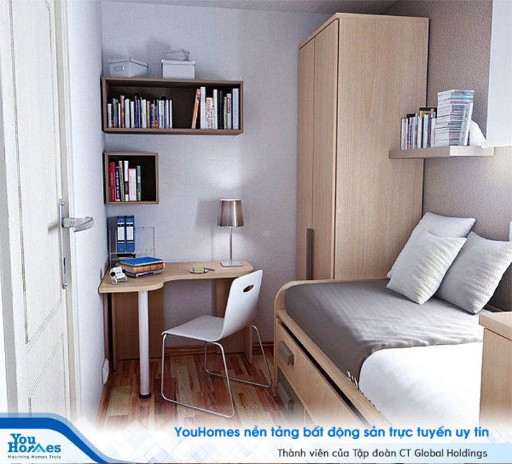 Phòng ngủ hẹp 10m2 được tận dụng mọi ngóc ngách giúp căn phòng trở nên cực kỳ hợp lý. 