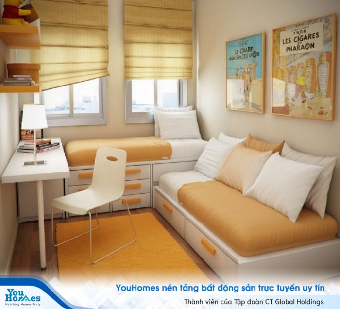 Phòng ngủ hẹp kết hợp phòng làm việc , phòng đọc sách siêu lý tưởng. 