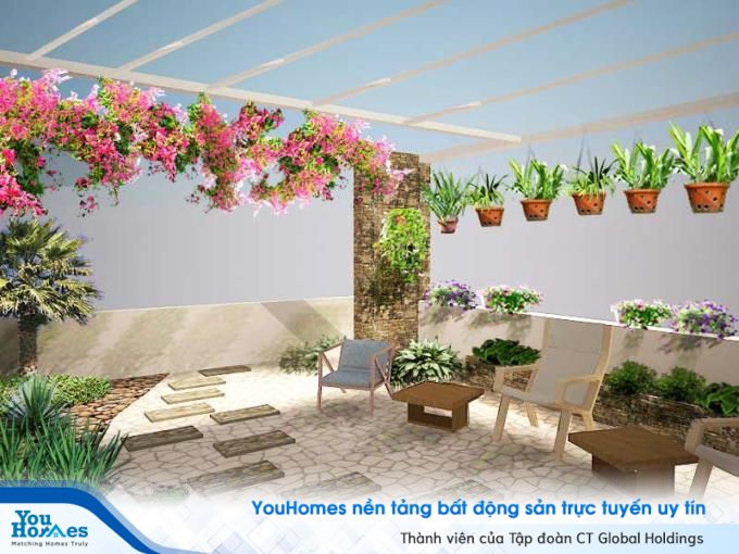Ý tưởng thiết kế sân thượng đẹp với những chậu cây nhỏ nhắn. 