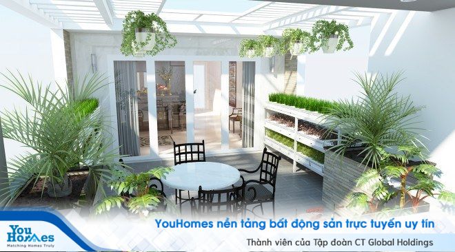 Sân thượng đẹp cho nhà phố hiện đại với gam màu trắng tinh tế. 