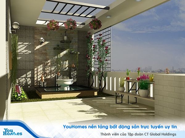 Bố trí thêm tiểu cảnh giúp cho sân thượng nhà phố hiện đại trở nên đẹp tự nhiên. 