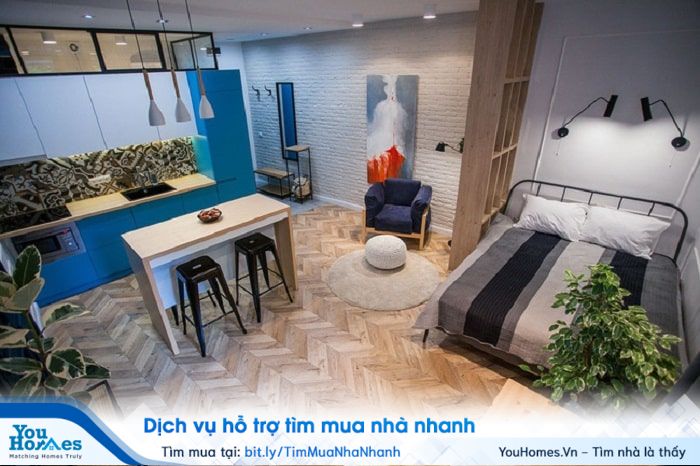 Căn hộ studio không có sự phân chia rõ rệt bằng những bức tường