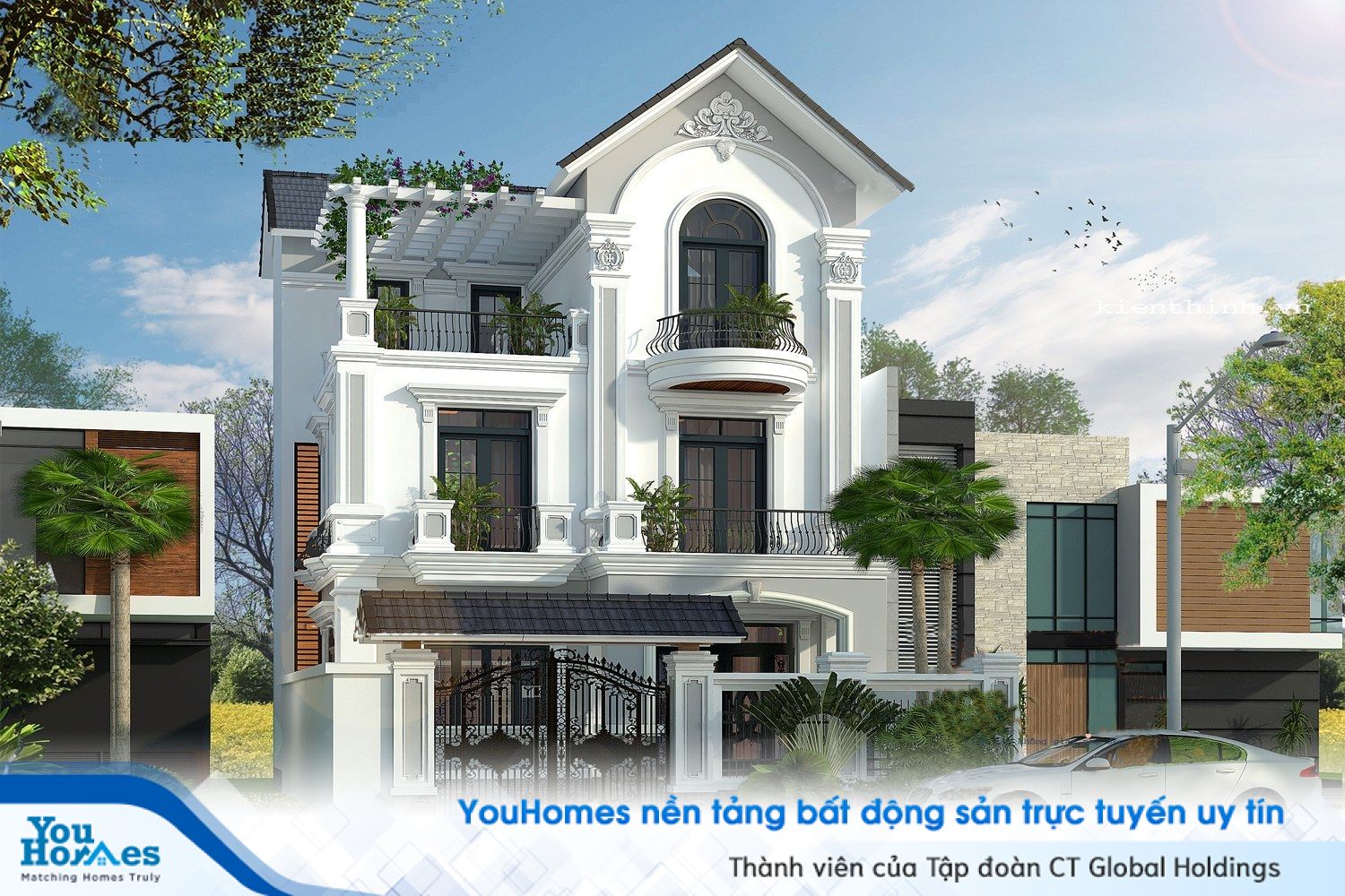 Biệt thự với tông màu trắng cùng dàn hoa treo tinh tế 