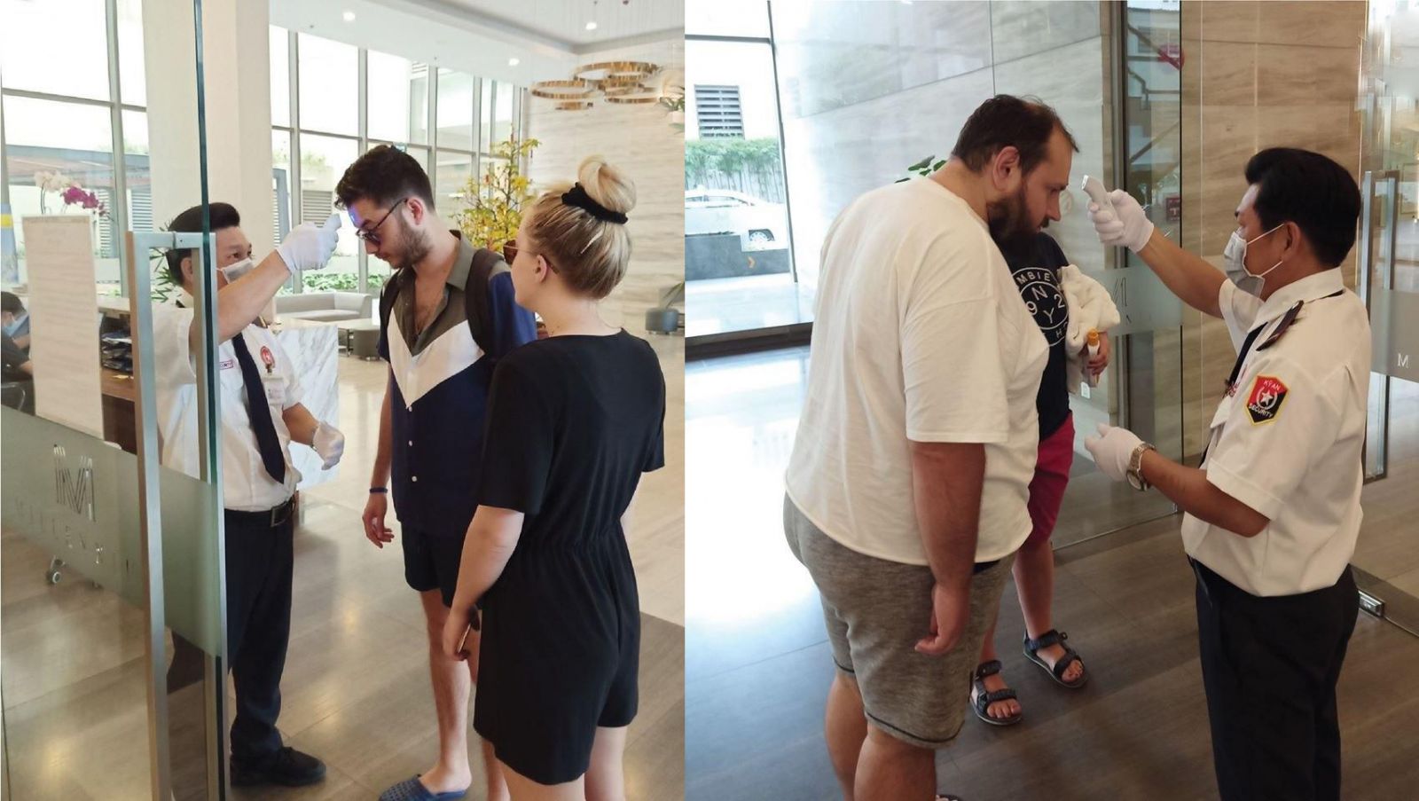 Tại một chung cư ở quận 4 đã có bảo vệ kiểm tra thân nhiệt của từng khách hàng khi vào chung cư.