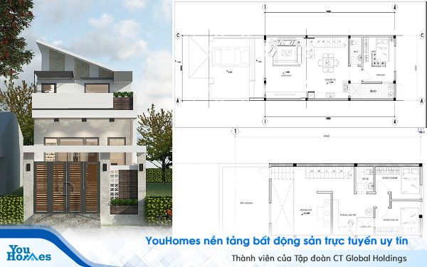 Mẫu nhà ống 1 tầng 1 lửng mặt tiền rộng