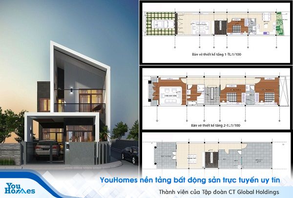Mẫu nhà ống 2 tầng 1 lửng mái lệch