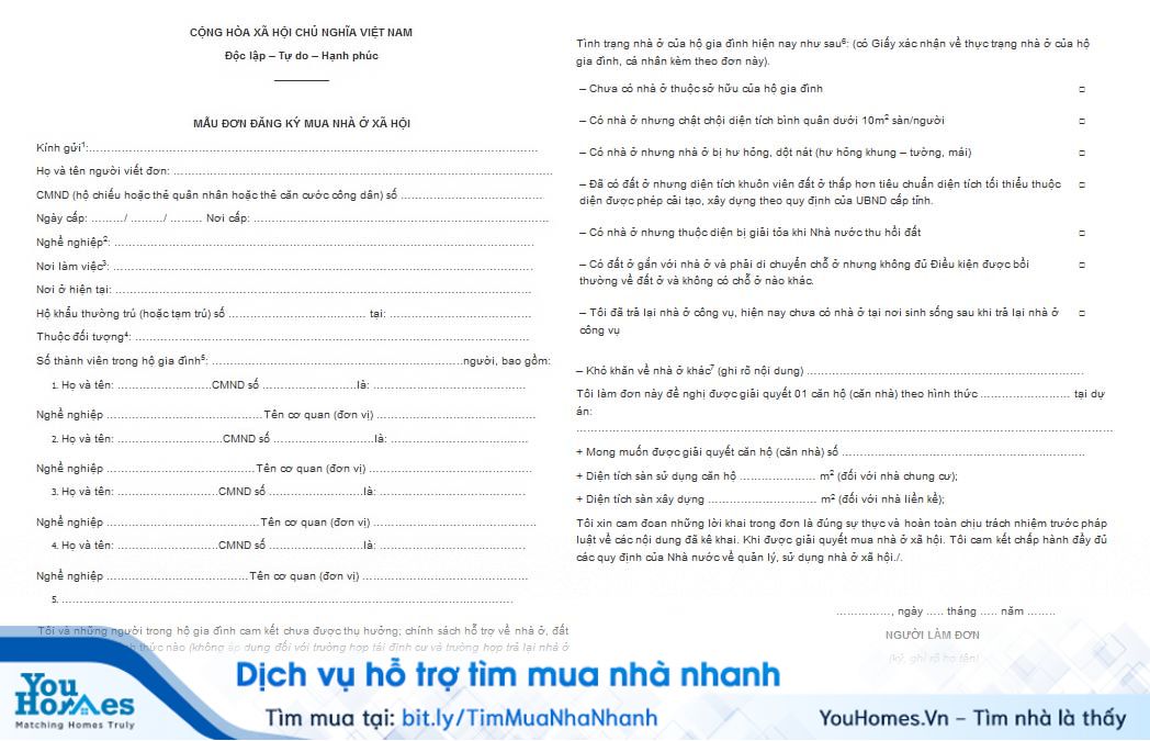 Mẫu đơn đăng ký mua nhà ở xã hội.