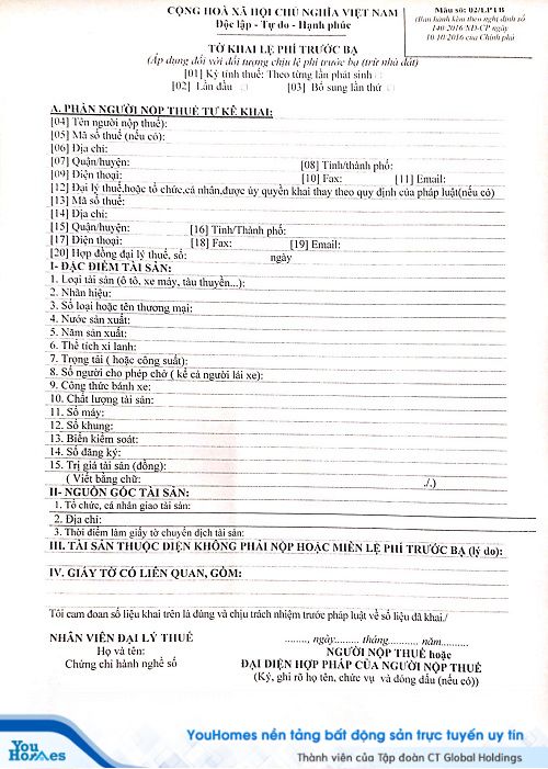Tờ khai lệ phí trước bạ.
