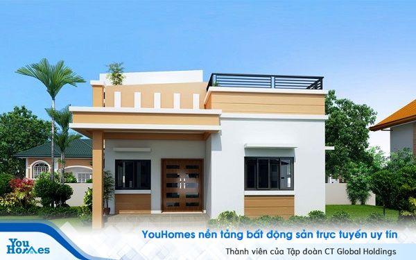 Mẫu nhà cấp 4 mái bằng cùng phần sân thượng xinh xắn trên nóc nhà.