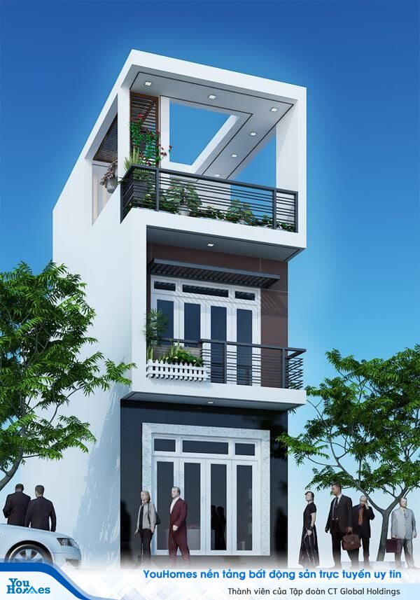 Thiết kế này dành trọn phần lớn diện tích của tầng 3 để làm sân thượng với vườn cây xanh ngát.