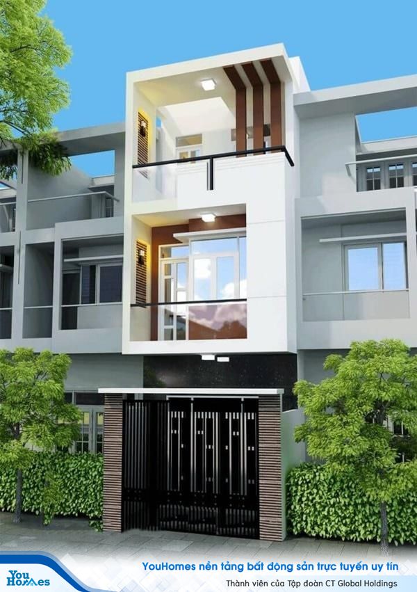 Mẫu nhà thiết kế hình khối đơn giản nhưng điểm nhấn chính là những tấm chắn ban công bằng kính.