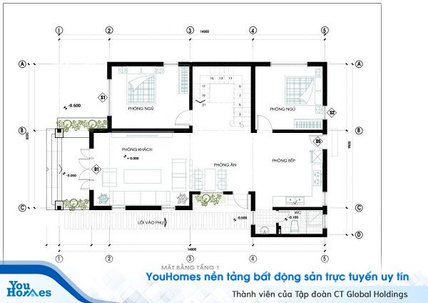 Bản vẽ thiết kế mặt bằng tầng 1 của ngôi nhà.