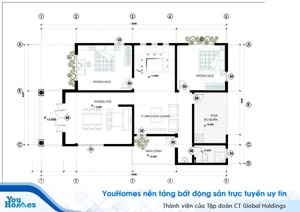 Bản vẽ thiết kế mặt bằng tầng 2.