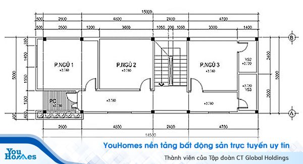 Bản vẽ thiết kế mặt bằng tầng 2 của ngôi nhà.