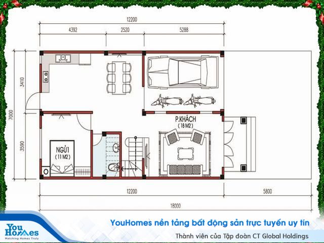 Mặt bằng tầng 1 nhà 2 tầng - 80 m2.
