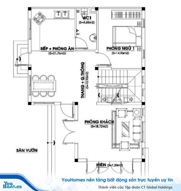 Bản vẽ thiết kế mặt bằng tầng 1 với thiết kế thoáng mát.