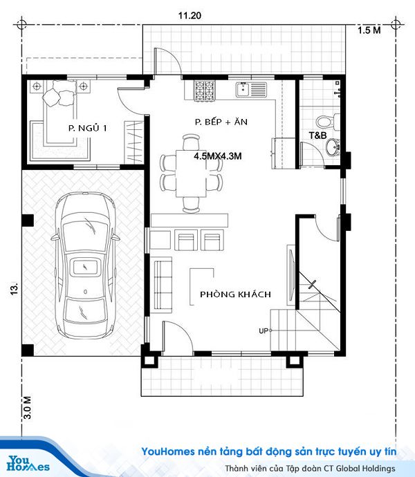 Bản vẽ thiết kế mặt bằng tầng 1 của ngôi nhà.