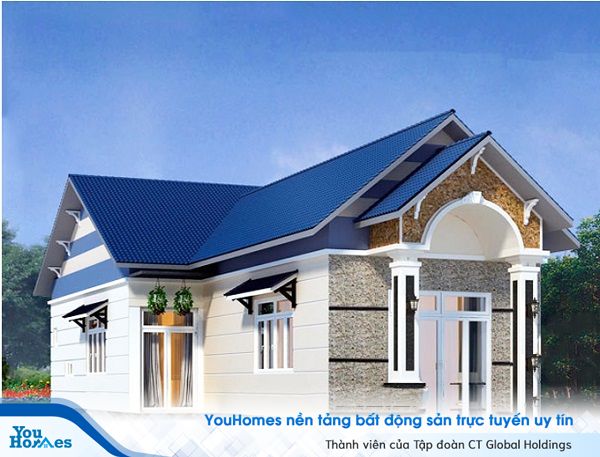 Mái nhà màu xanh nước biển nổi bật cho những ngôi nhà cấp 4 gác lửng hiện đại. 