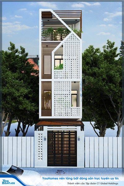 Mặt tiền của nhà ống tuyệt đẹp sử dụng gỗ và gạch bông gió cực ấn tượng.