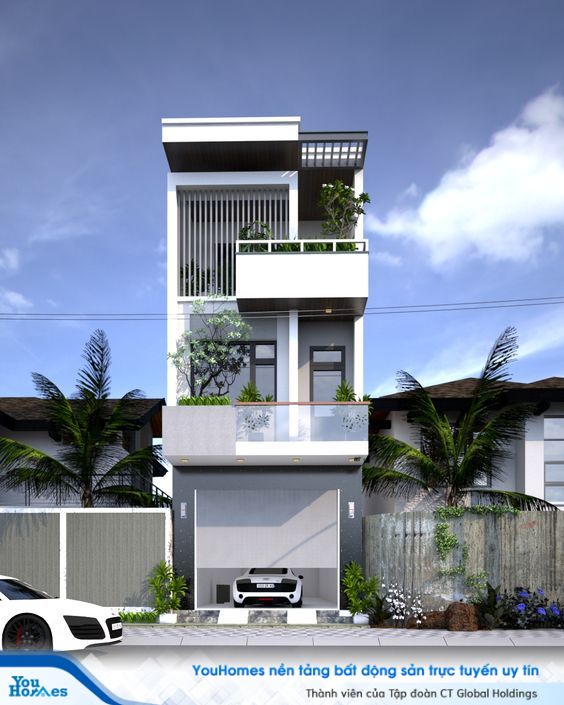 Mặt tiền nhà ống tinh tế với gam màu trung tính. 