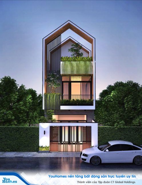 Mẫu nhà ống sở hữu phần mái đối xứng với đoạn hở ở giữa căn nhà. 