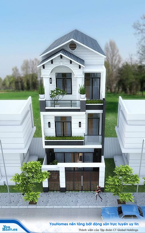 Nhà ống kết hợp giữa gam màu trắng và xanh cực kỳ hợp lý. 