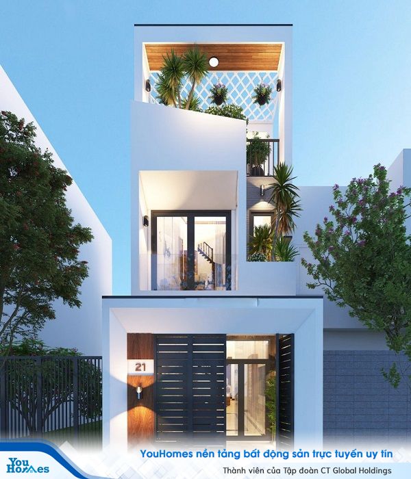 Điểm nhấn tuyệt vời với phần ban công thiết kế đặc biệt của ngôi nhà ống hiện đại. 