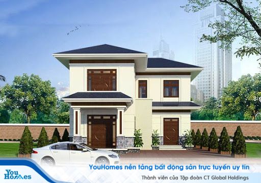 Mặt tiền thông thoáng cũng 2 hàng cây được bố trí cân xứng giúp ngôi nhà 2 tầng chữ L trở nên vuông vắn. 
