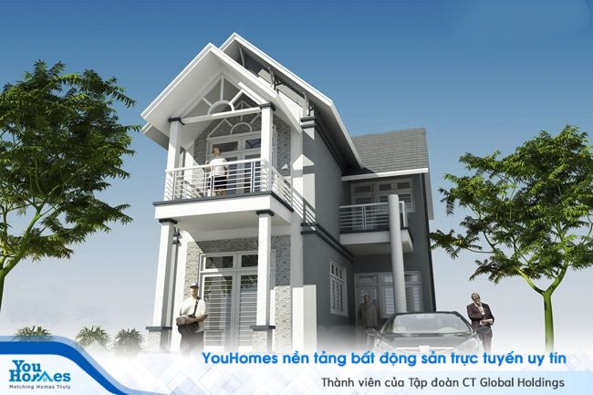 Nhà 2 tầng chữ L nhỏ nhắn với gam màu sáng. 