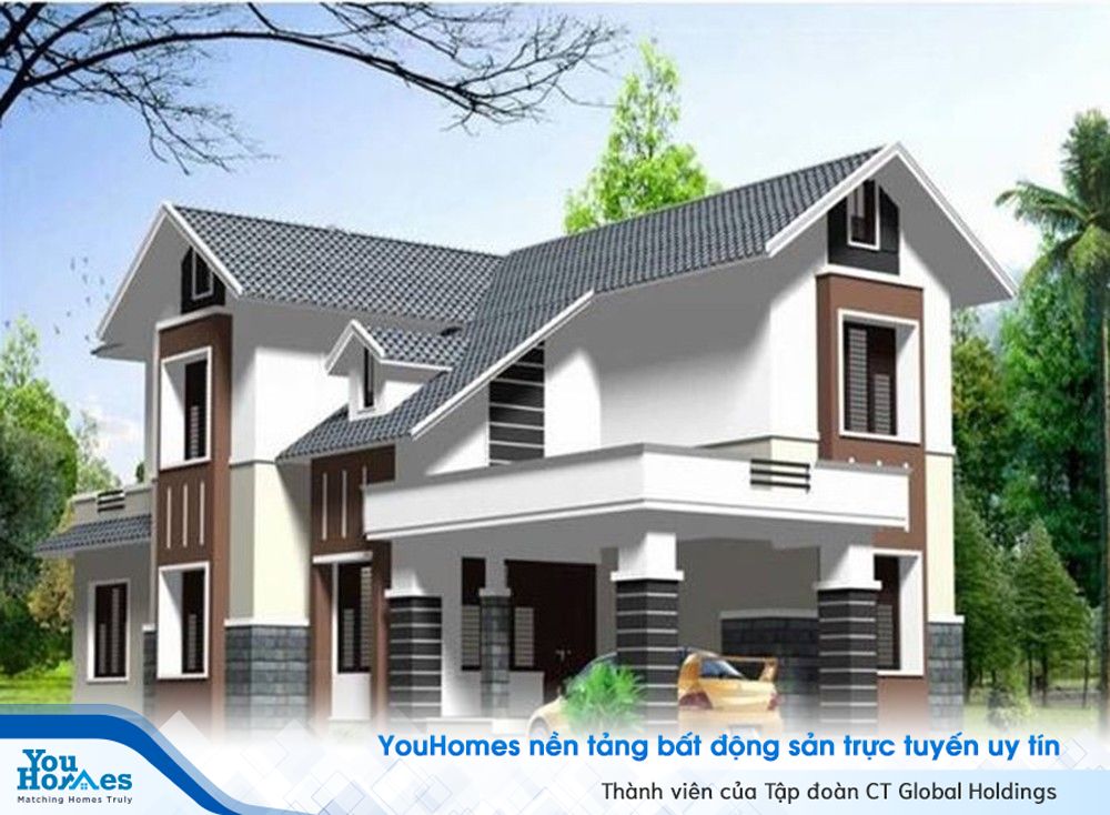 Thiết kế gara ô tô ngoài trời cho ngôi nhà 2 tầng có thiết kế hình chữ L